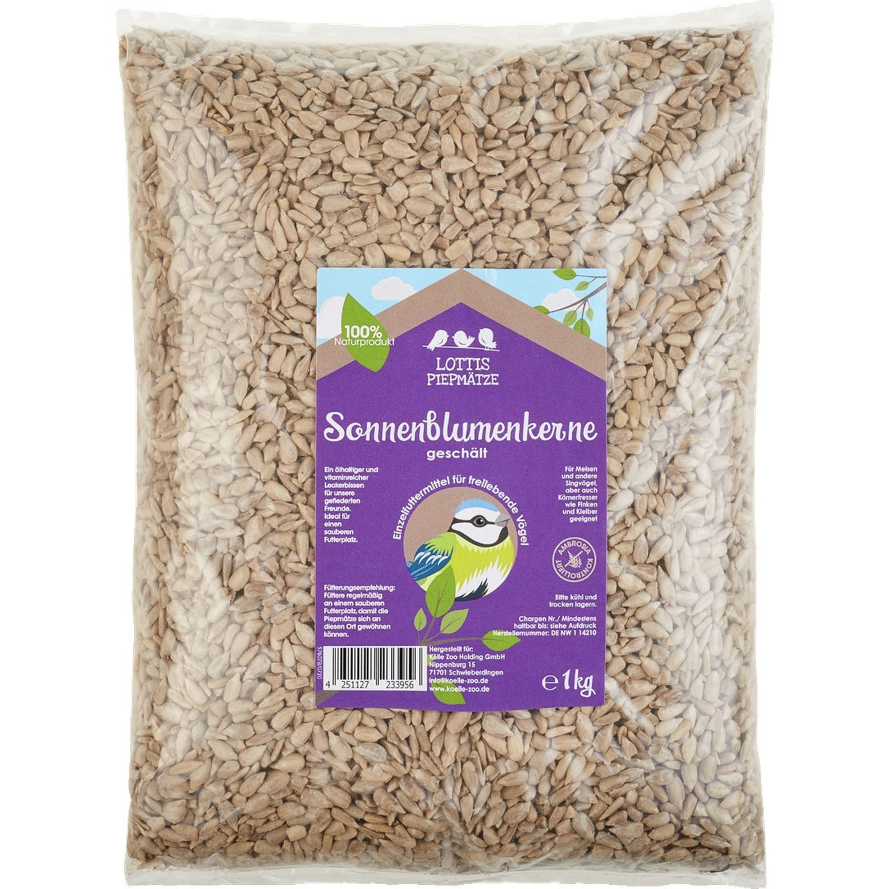 Lottis Piepmätze geschälte Sonnenblumenkerne, 1 kg, Naturprodukt, Einzelfuttermittel für freilebende Vögel, mit Meisen-Illustration.