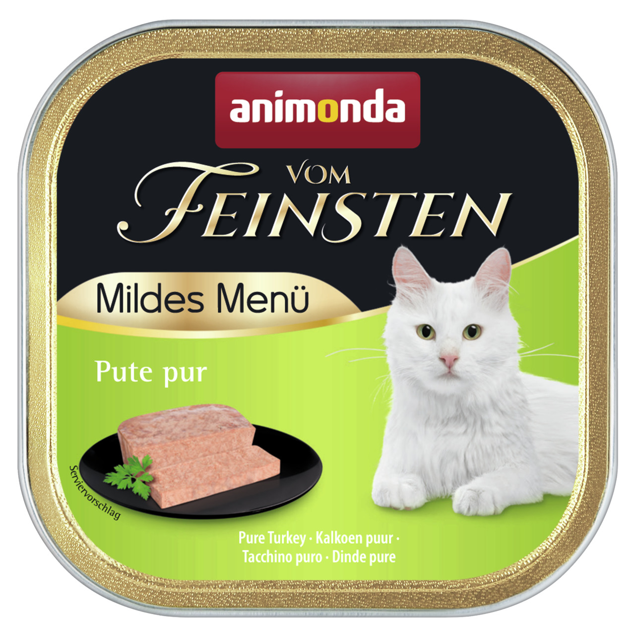 animonda Vom Feinsten Mildes Menü, Pute pur, für ausgewachsene Katzen, 100 g Nassfutter, goldene Verpackung mit weißer Katze.