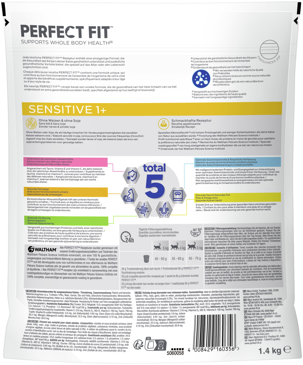 Das Bild zeigt die Rückseite einer Verpackung des Katzenfutters „Perfect Fit Sensitive 1+“ der Marke Perfect Fit. Es richtet sich an ausgewachsene Katzen mit empfindlicher Verdauung. Die Geschmacksrichtung ist Huhn. Die Verpackung enthält 1,4 kg Trockenfu