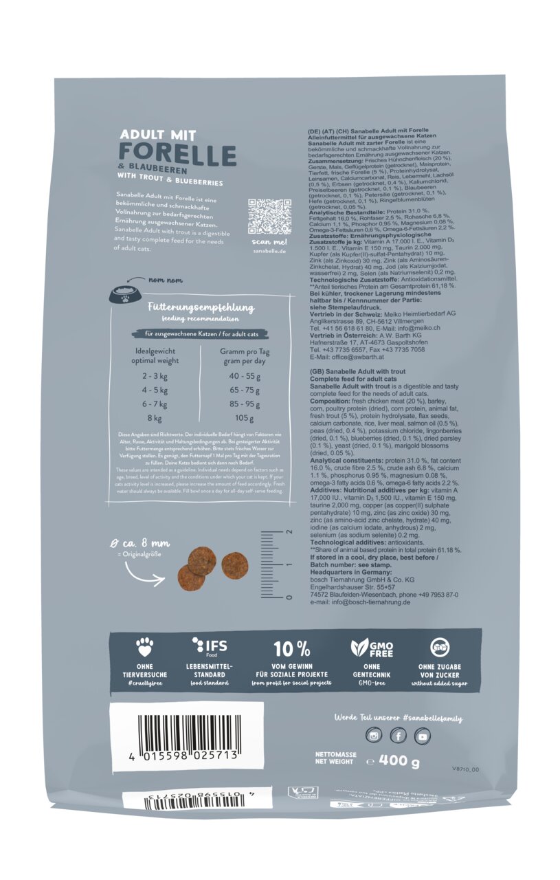 Sanabelle Adult Katzenfutter, Forelle & Blaubeeren, 400 g, für ausgewachsene Katzen, ohne Zuckerzusatz, gentechnikfrei, ohne Tierversuche.