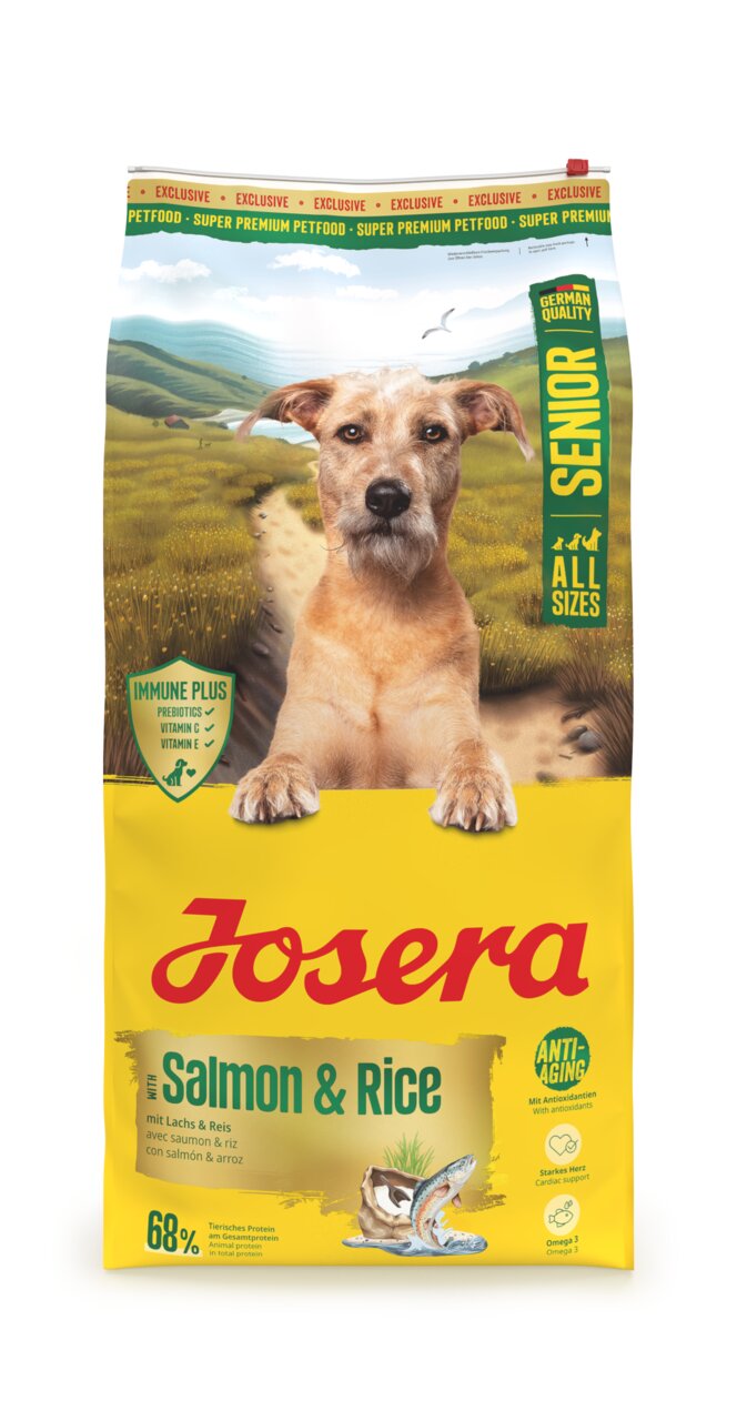 Josera Salmon & Rice Senior Hundefutter, geeignet für alle Größen, Geschmack Lachs und Reis, 68% tierisches Protein, 15 kg.