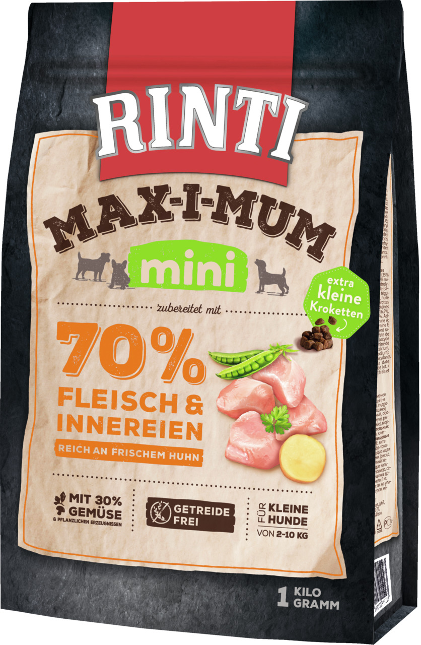RINTI Max-i-Mum Mini Hundefutter, kleine Hunde (2-10 kg), frisches Huhn, 70 % Fleisch, getreidefrei, 1 kg, extra kleine Kroketten.