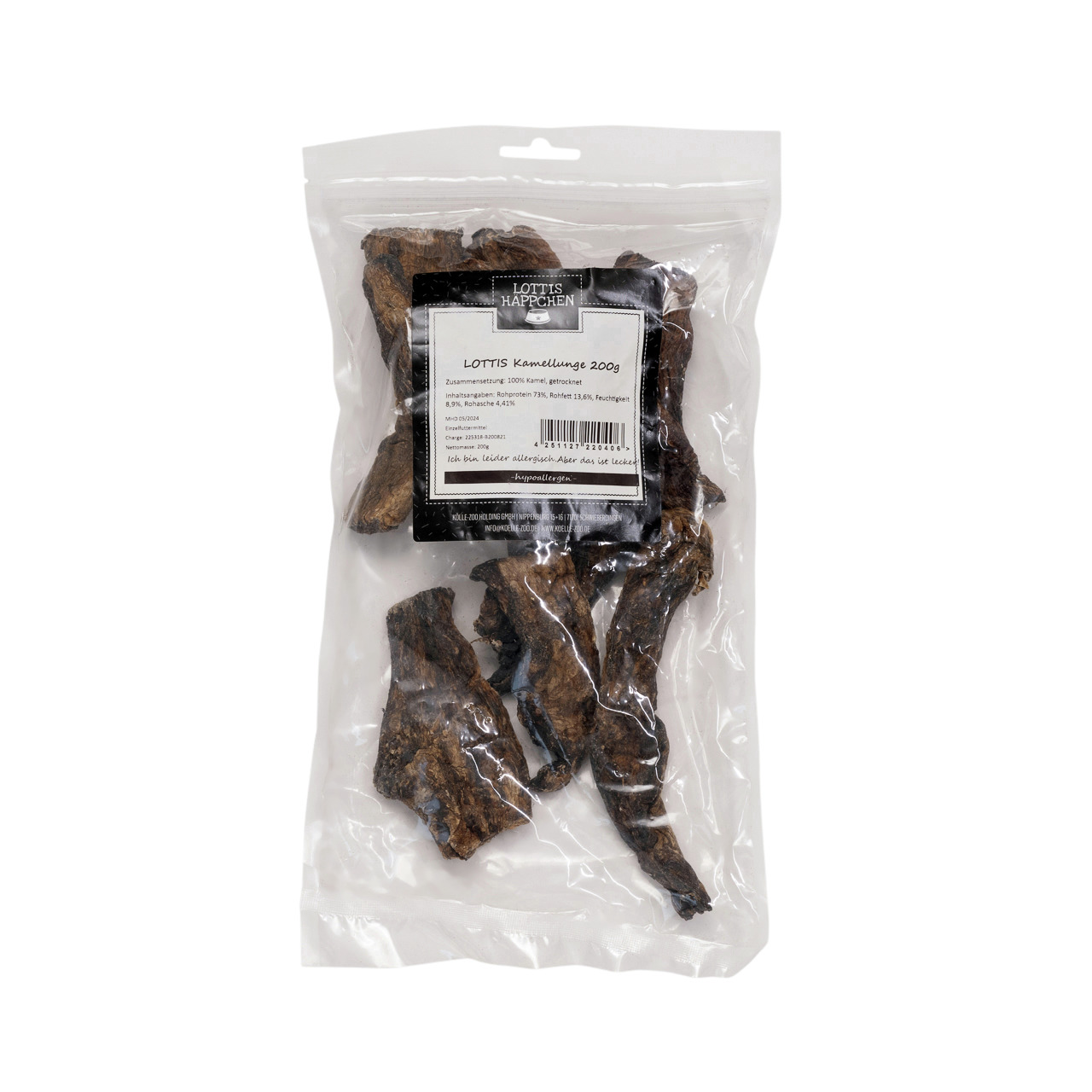 Das Bild zeigt eine transparente Verpackung mit der Aufschrift „LOTTIS Häppchen Kamellunge 200g“. Es handelt sich um ein Hundefutterprodukt der Marke LOTTIS HÄPPCHEN, speziell für Hunde. Die Geschmacksrichtung ist Kamellunge, und die Packung enthält 200 G