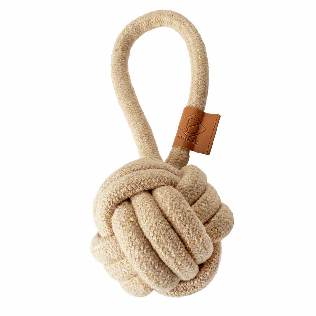 Spielzeug für Hunde von D&D, Knoten-Design aus robustem Stoff, beige, mit Schlaufe, strapazierfähig für ausgiebiges Spielen.