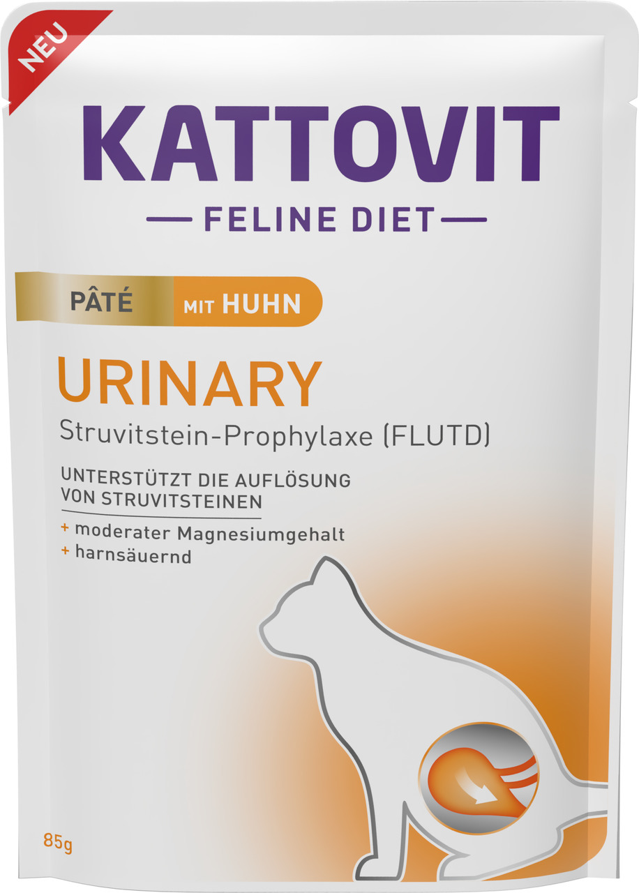 Kattovit Feline Diet Urinary Pâté Huhn, für Katzen mit Harnwegsproblemen, 85 g, unterstützt Struvitsteinauflösung, Mg-arm.