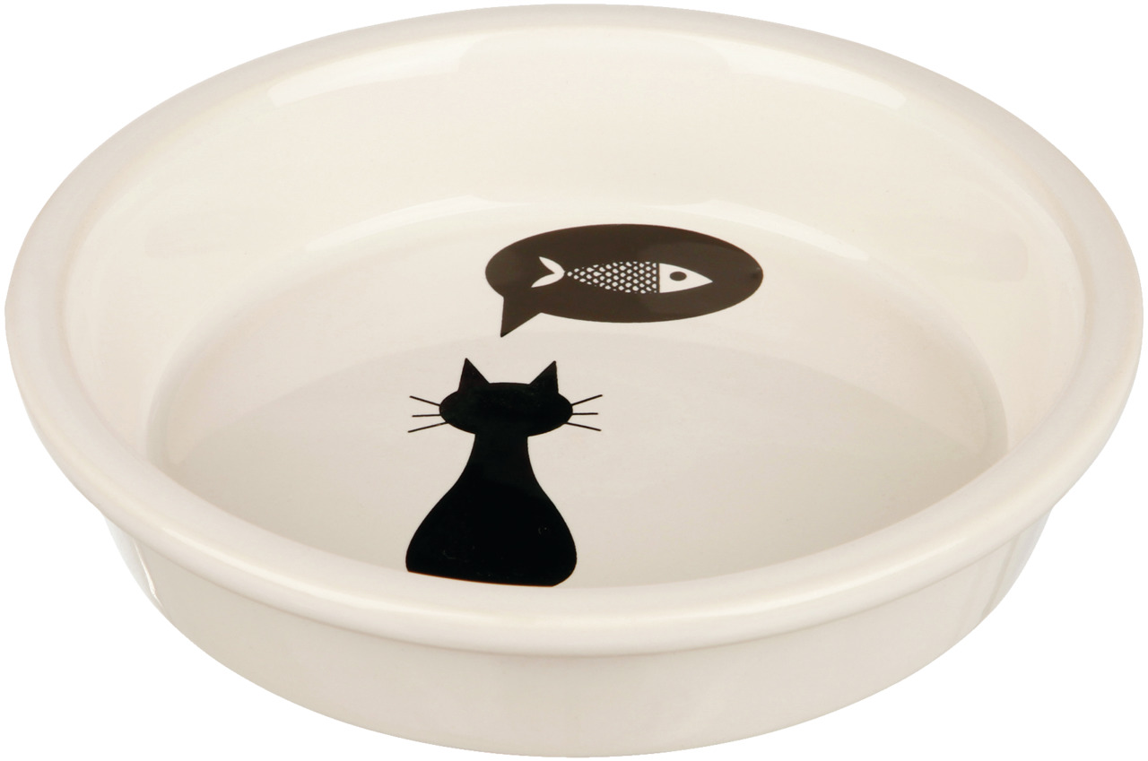 Keramiknapf für Katzen von TRIXIE, geeignet für Katzen aller Altersgruppen. Der Napf ist cremefarben mit einem schwarzen Katzensymbol und einer Sprechblase mit Fischmotiv. Ideal für Futter oder Wasser. Fassungsvermögen und Größe sind nicht auf dem Bild er