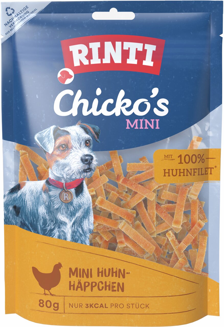 RINTI Chicko’s Mini für Hunde: 80 g Mini-Hühnchen-Häppchen (100 % Hühnerfilet), kalorienarm (3 kcal/Stk.), nachhaltige Verpackung.