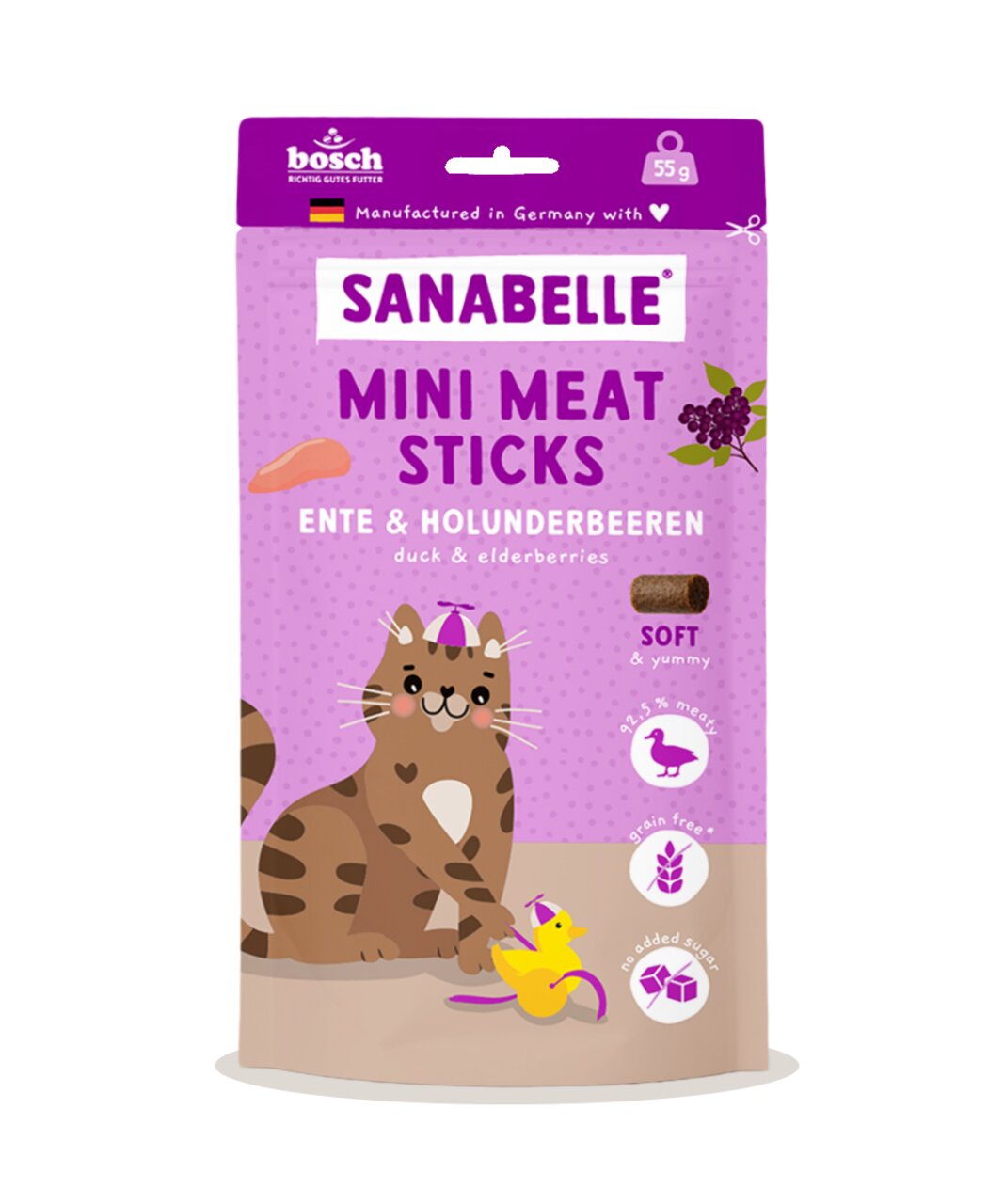 Sanabelle Mini Meat Sticks für Katzen, Ente & Holunderbeeren, 55 g, getreidefrei, 92,5 % Fleisch, ohne Zuckerzusatz, weich & lecker.