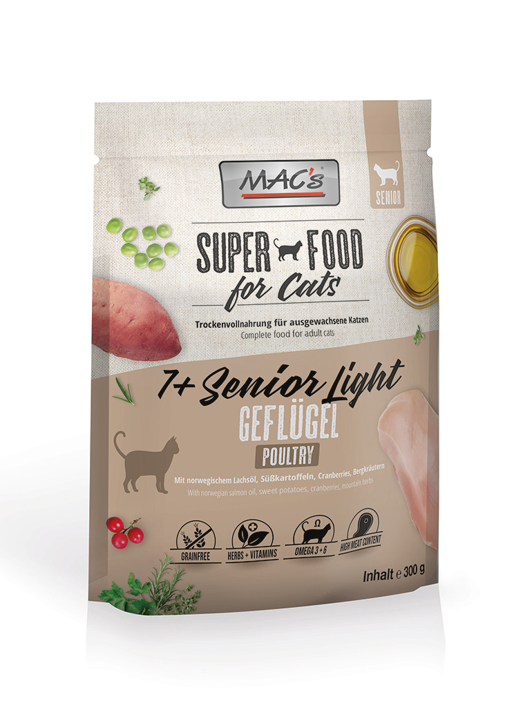 MAC's Super Food for Cats, 7+ Senior Light Geflügel, Trockenfutter f. Katzen ab 7 J., mit Lachsöl & Kräutern, 300 g.