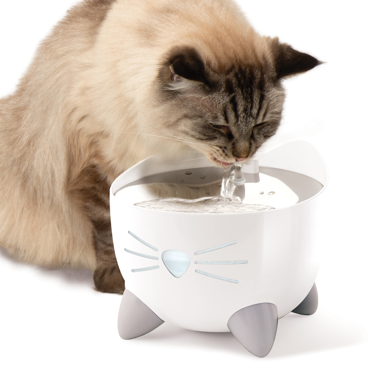 Catit PIXI Trinkbrunnen, Katzen, Weiß, Katzendesign m. Schnurrh.-Pfoten, fördert Hydration, ideal f. alle Alterskl., fließ. Wasser.