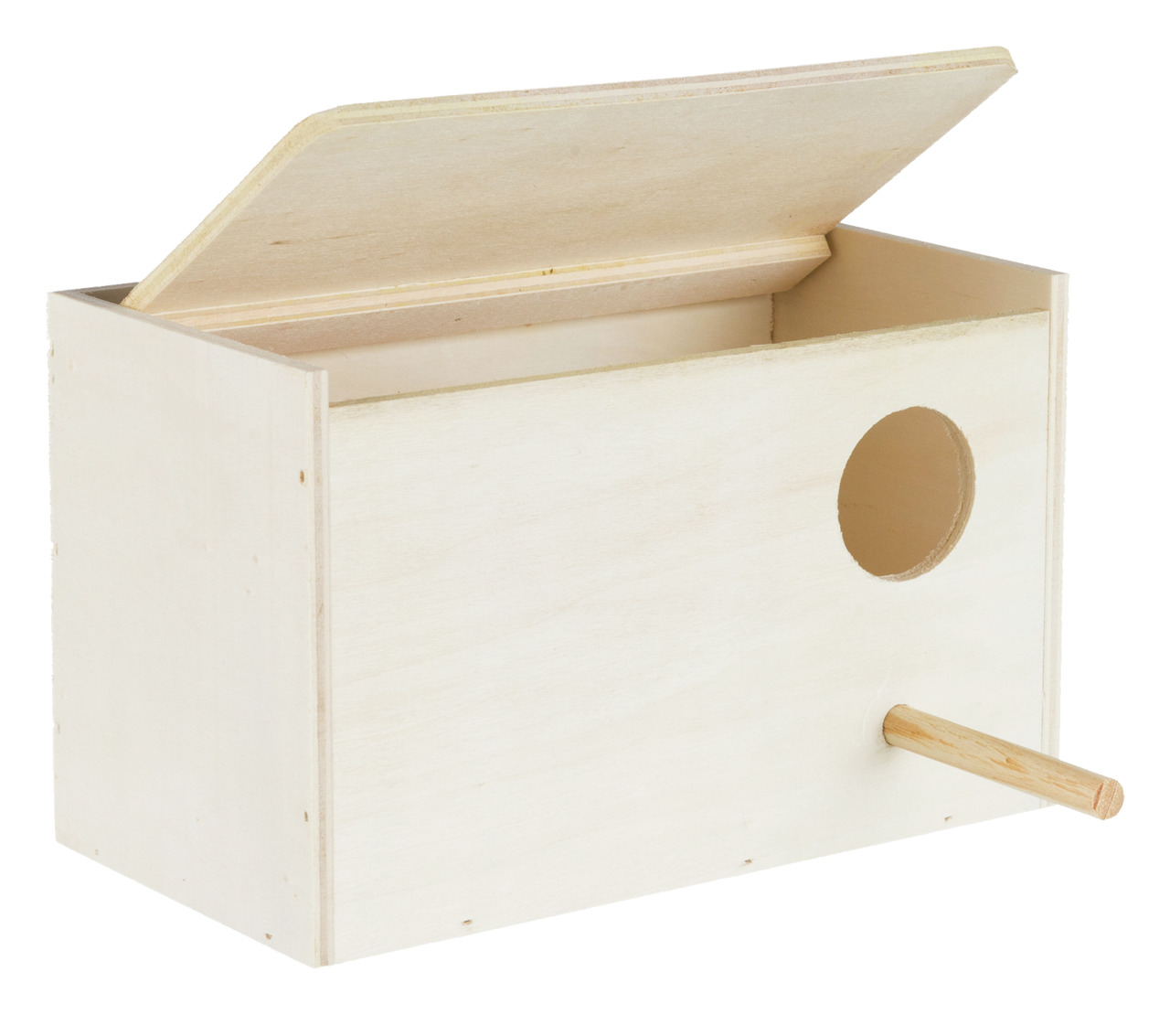 Das Bild zeigt den TRIXIE Nistkasten aus unbehandeltem Holz, geeignet für kleine Vogelarten wie Wellensittiche. Der Kasten verfügt über ein rundes Einflugloch, eine Sitzstange und einen aufklappbaren Deckel zur einfachen Reinigung. Ideal für die artgerech
