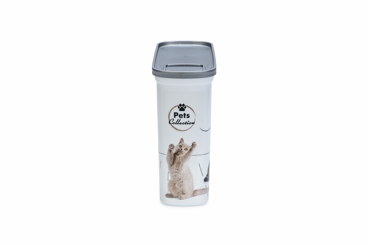 Curver Futterbehälter, 1,5L, für Katzen, ideal für Trockenfutter, mit Katzendekor, grauer Deckel, praktische Dosieröffnung.