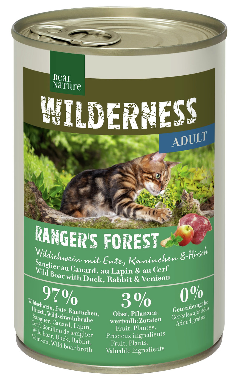 Real Nature Wilderness Katzenfutter "Ranger's Forest", Wildschwein+Ente+Kaninchen+Hirsch, Adult, 400 g, 97 % tierisch, getreidefrei.