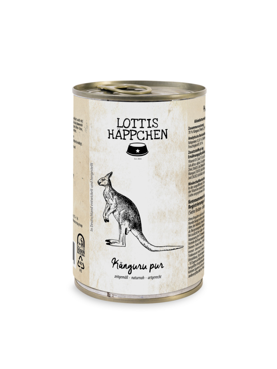 Eine Dose Hundefutter der Marke „Lottis Häppchen“ mit der Geschmacksrichtung „Känguru pur“. Das Produkt ist für Hunde geeignet und wird als „zeitgemäß, naturnah und artgerecht“ beworben. Die Dose hat ein Fassungsvermögen von 400 g. Auf der Vorderseite ist