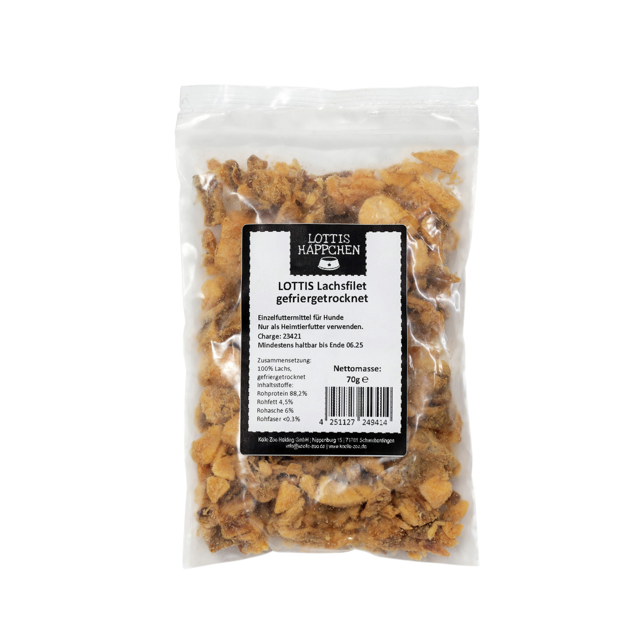 Lottis Häppchen gefriergetrocknetes Lachsfilet, Einzelfuttermittel für Hunde, 100 % Lachs, 70 g, MHD: 06-25, Charge: 23421.
