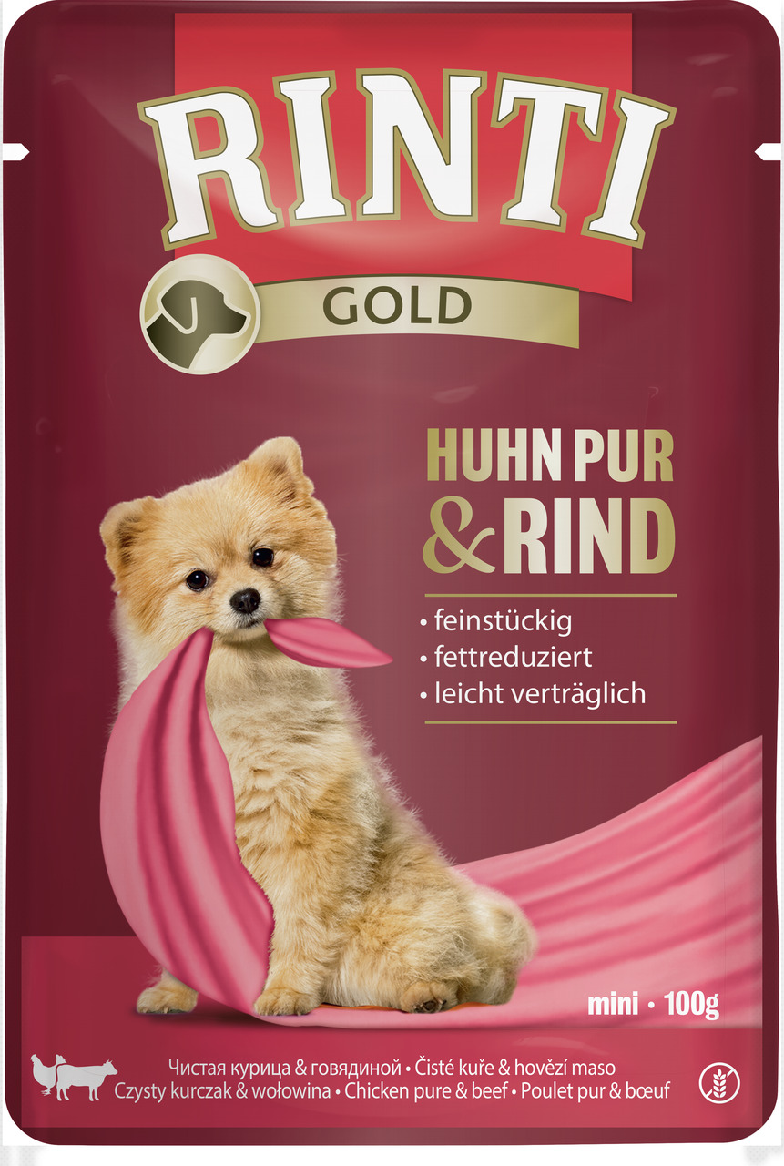 RINTI Gold Huhn pur & Rind, für kleine Hunde („mini“), 100 g, feinstückig, fettreduziert, leicht verträglich.
