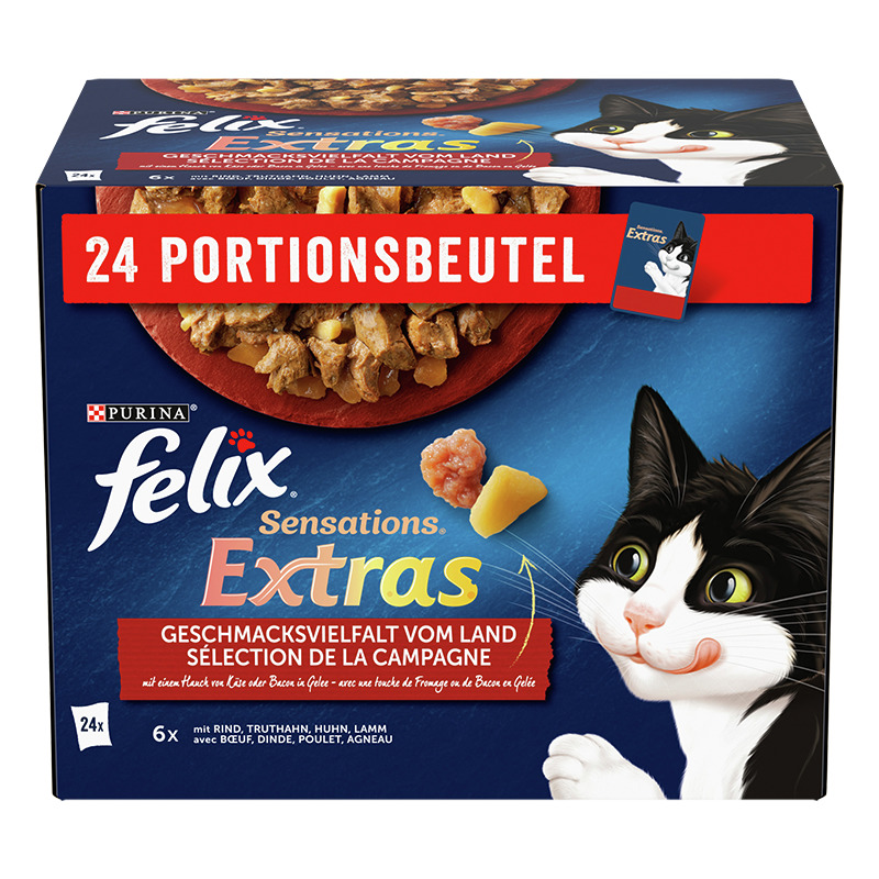 Felix Sensations Extras von Purina, Katzenfutter, Geschmacksvielfalt vom Land (Rind, Truthahn, Huhn, Lamm), 24 Portionsbeutel.