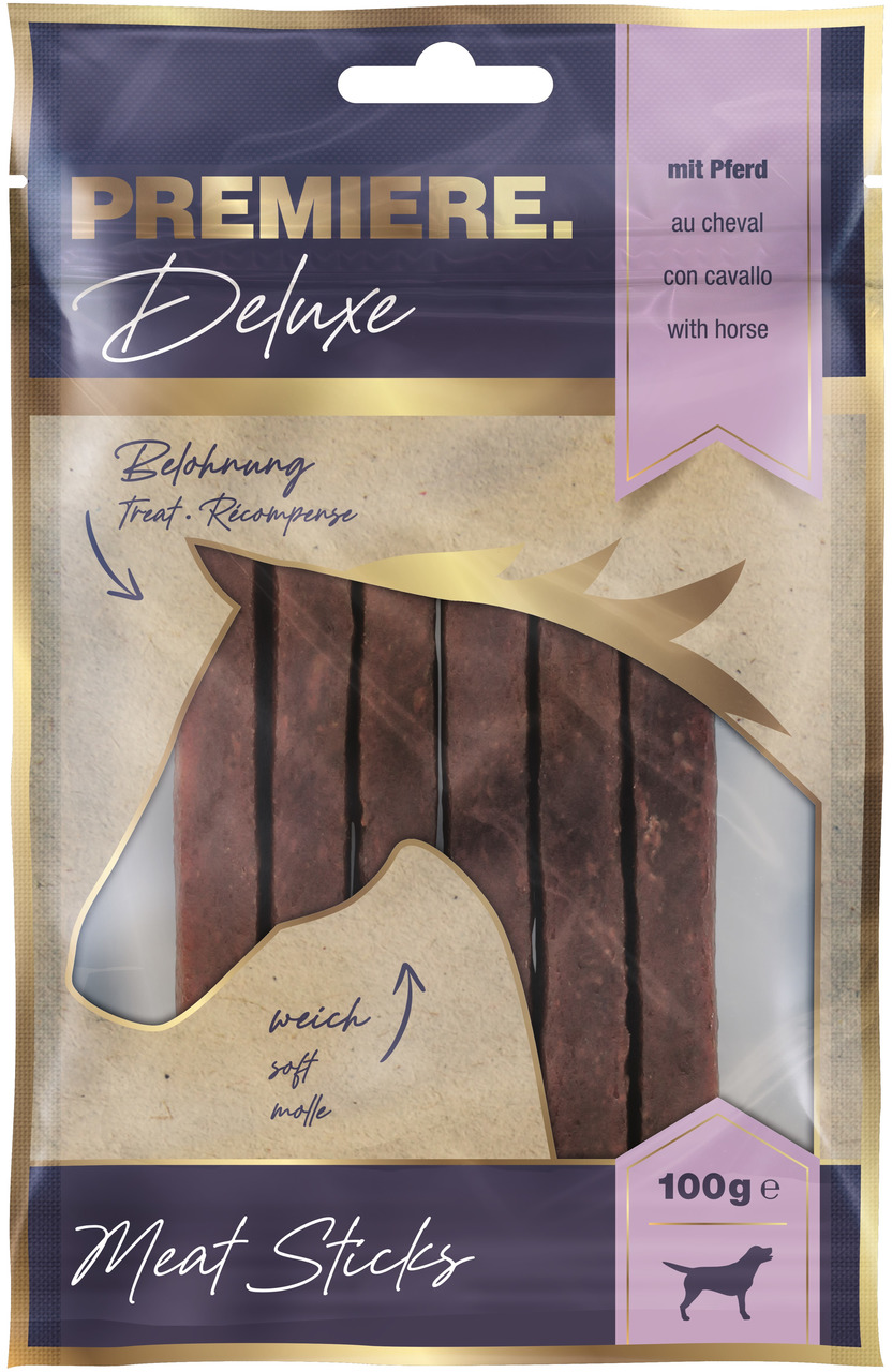PREMIERE Deluxe Meat Sticks Pferd, Hundesnack, weich, Belohnung, 100 g.