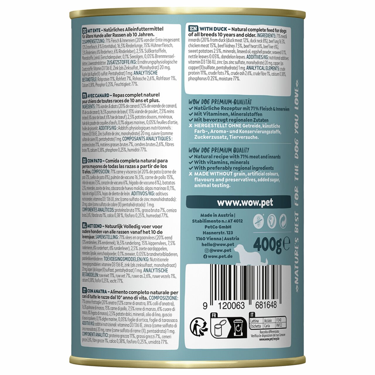 WOW DOG Hundefutter, alle Rassen ab 10 Jahren, Geschmacksrichtung Ente, 400 g, getreidefrei, 71 % Fleisch, mit Vitaminen.