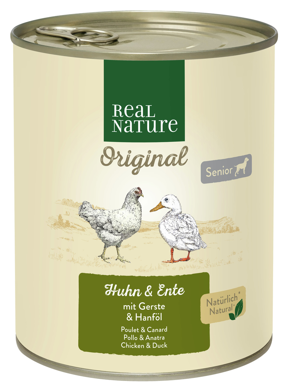 REAL NATURE Original Senior Hundefutter, Huhn & Ente, mit Gerste & Hanföl, für ältere Hunde, 400 g.