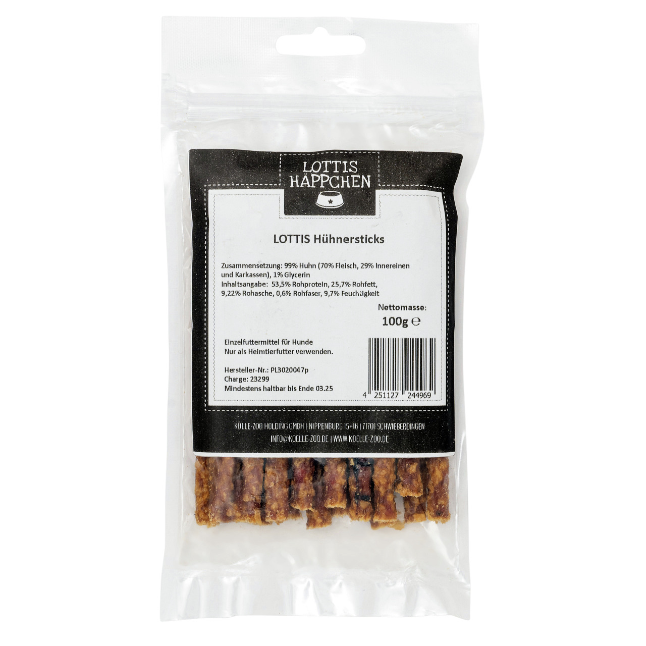 LOTTIS Häppchen – Hühnersticks für Hunde, 99 % Huhn, 1 % Glycerin, 100 g, Einzelfuttermittel.