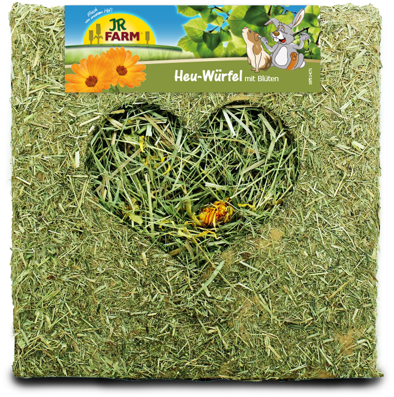 Das Bild zeigt den JR FARM Heu-Würfel mit Blüten, ein Naturprodukt für Kleintiere wie Kaninchen und Meerschweinchen. Der Würfel besteht aus gepresstem Heu mit getrockneten Blüten und hat in der Mitte eine herzförmige Aussparung. Die Verpackung hebt die Ma
