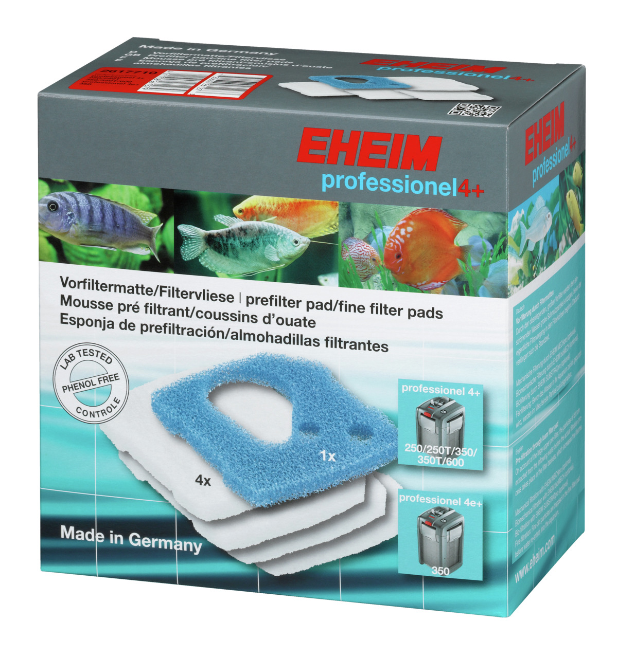 EHEIM prof. 4+ Vorfiltermatten, für Aquarienfilter 250-250T-350-350T-600, 4 weiße+1 blaue Matte, phenolfrei, Made in Germany.