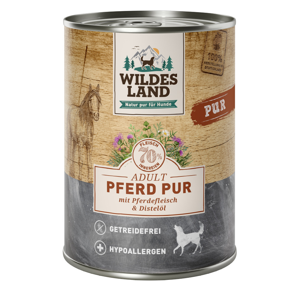 Wildes Land Hundefutter „Pferd Pur“ für Adult-Hunde, 400 g, 70 % Fleisch, getreidefrei, hypoallergen, mit Distelöl.
