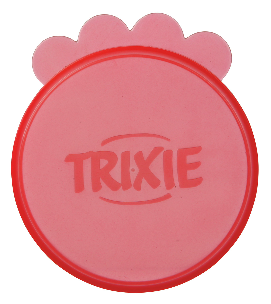 Rundes, rotes Deckel-Set der Marke TRIXIE, speziell für Tierfutterdosen entwickelt. Zielgruppe sind Haustierbesitzer, die Futter frisch halten möchten. Das Design zeigt eine pfotenförmige Lasche für einfaches Öffnen. Praktisch und hygienisch, ideal für Hu