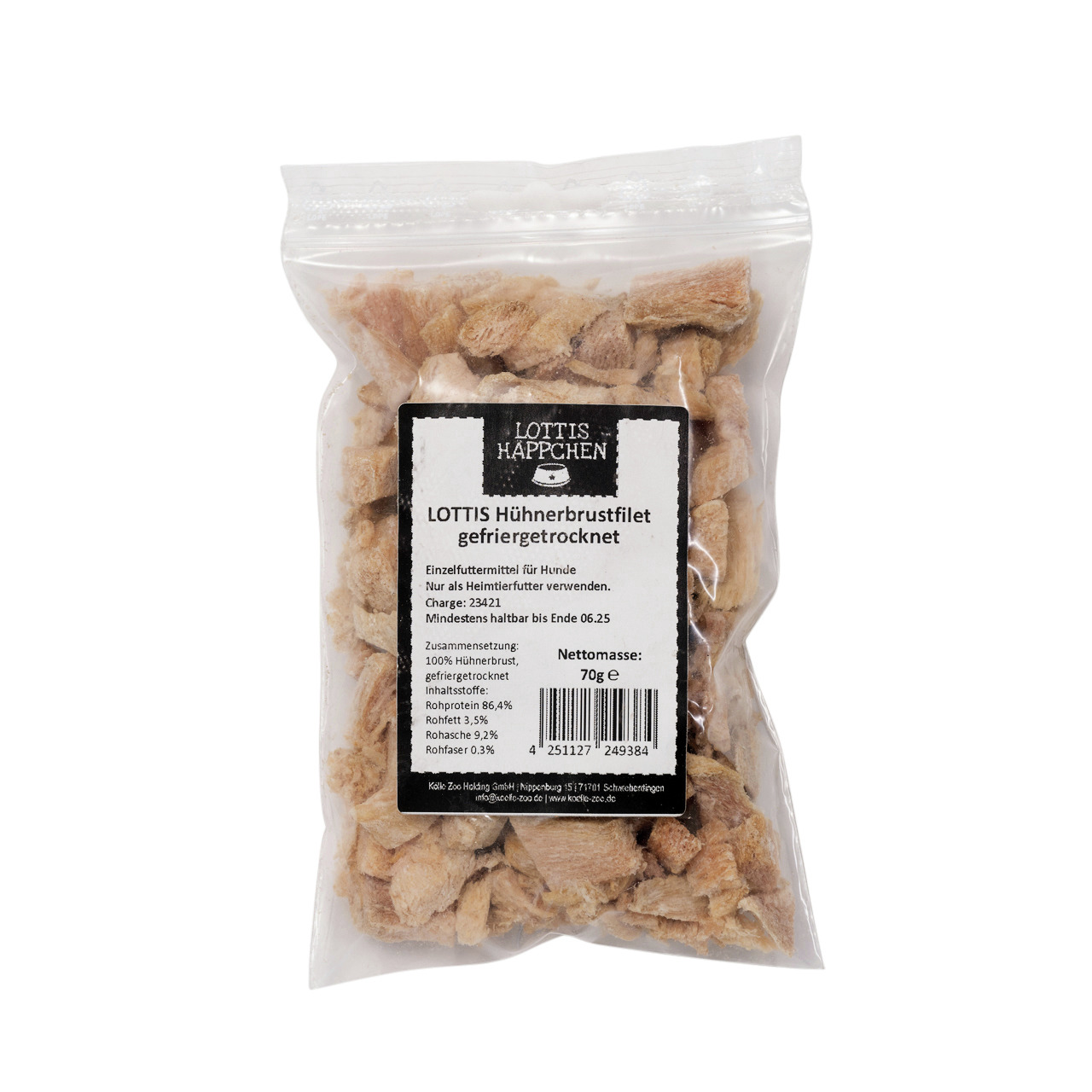 Das Bild zeigt eine transparente Verpackung mit gefriergetrocknetem Hühnerbrustfilet der Marke LOTTIS HÄPPCHEN. Es handelt sich um ein Einzelfuttermittel für Hunde. Die Packung enthält 70 g und ist speziell für Heimtiere geeignet. Die Zusammensetzung best