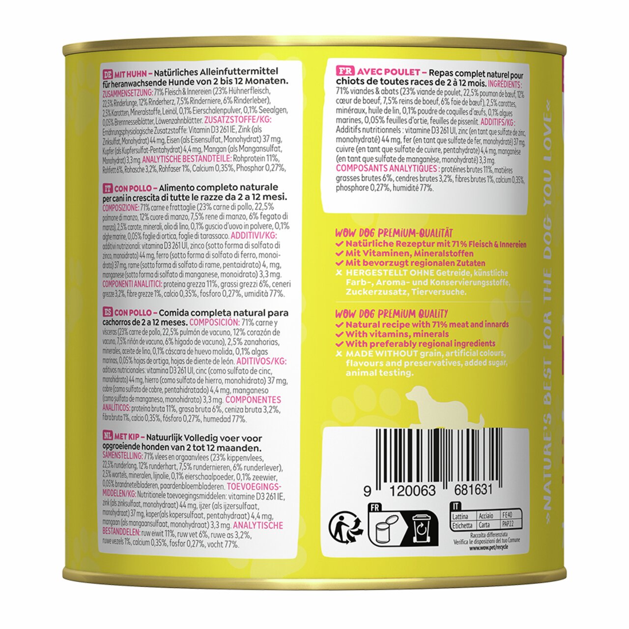 WOW DOG Hundefutter mit Huhn für Welpen, hochwertige Rezeptur, 400 g. Mit 71 % Fleisch, ohne künstliche Zusätze.