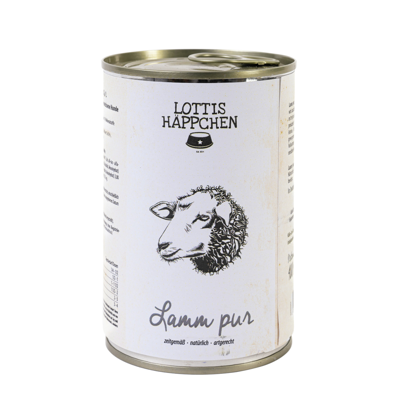 Lottis Häppchen Lamm pur, für Hunde, reines Lammfleisch, 400 g, „zeitgemäß – natürlich – artgerecht“.