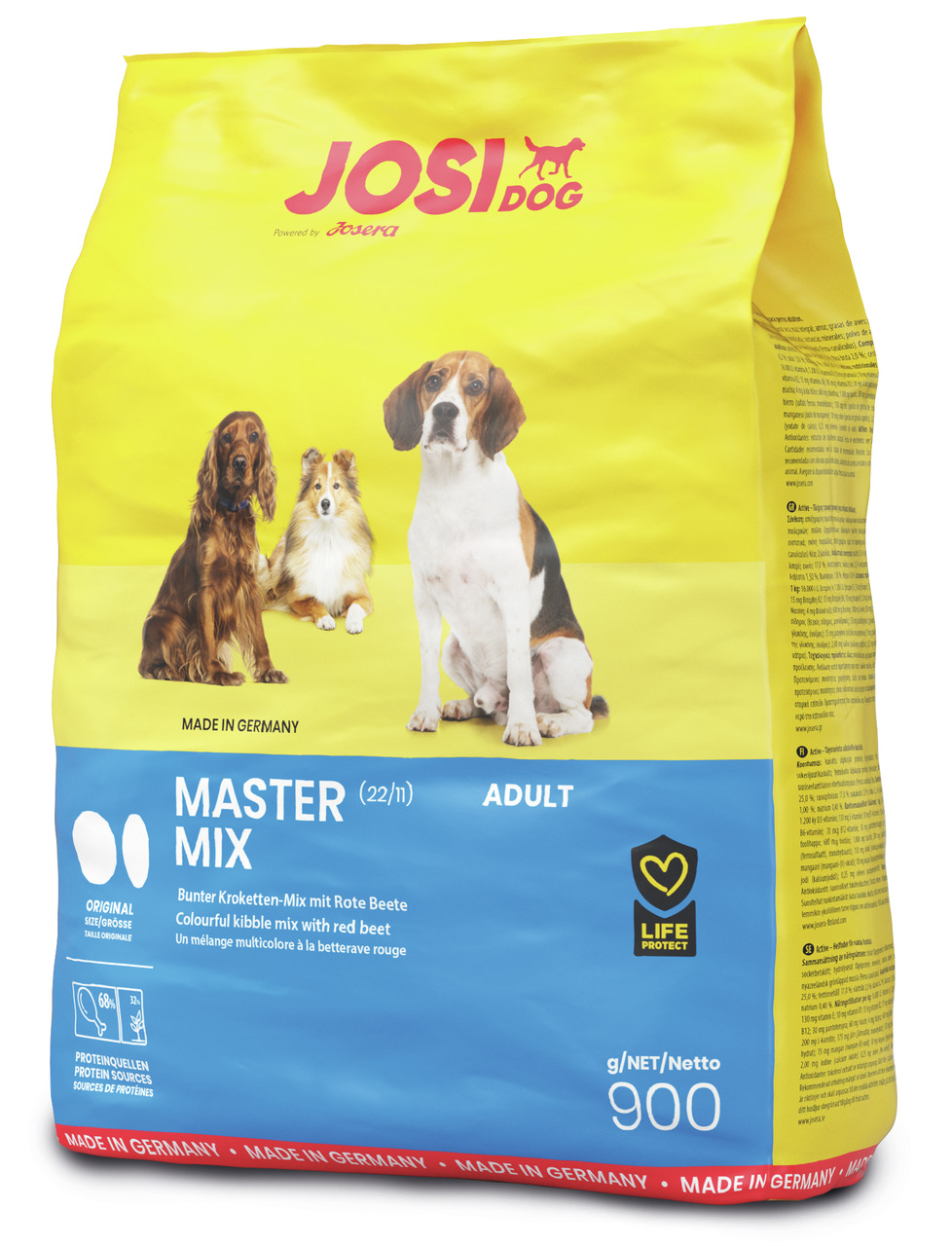 Josera JosiDog Master Mix, Trockenfutter f. erwachsene Hunde, bunter Kroketten-Mix m. Rote Beete, 900 g, „Life Protect“-Logo.