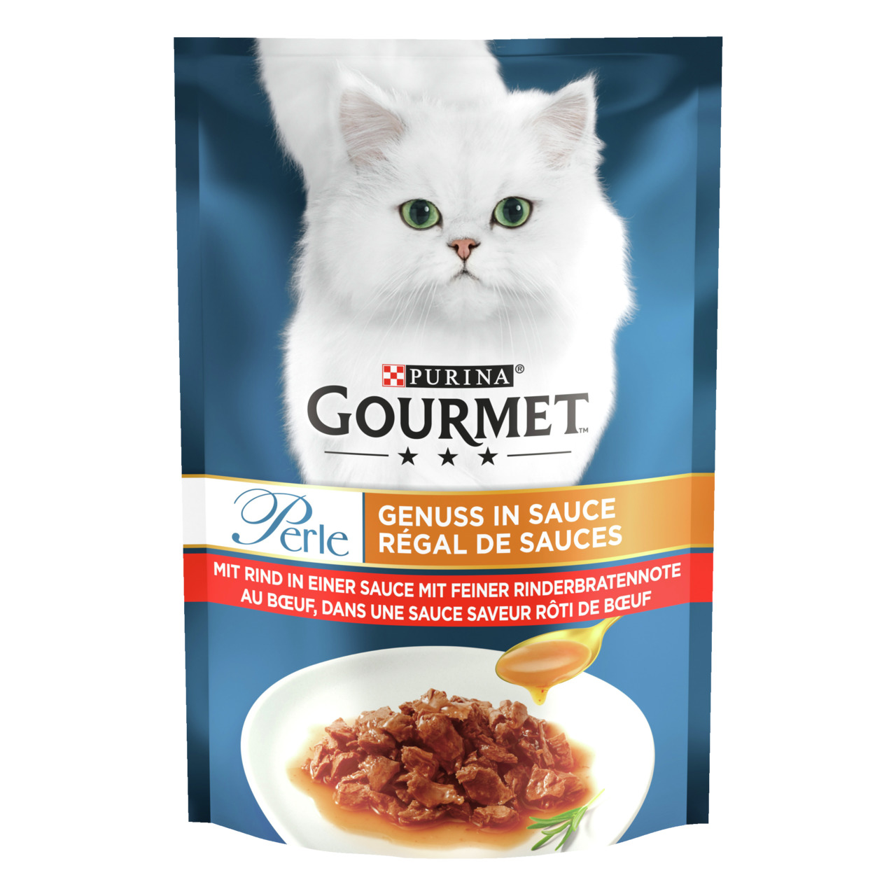 Purina GOURMET Perle Nassfutter f. Katzen, Rind in Sauce m. Rinderbratennote, 85g, weiße Katze u. Schale abgebildet.