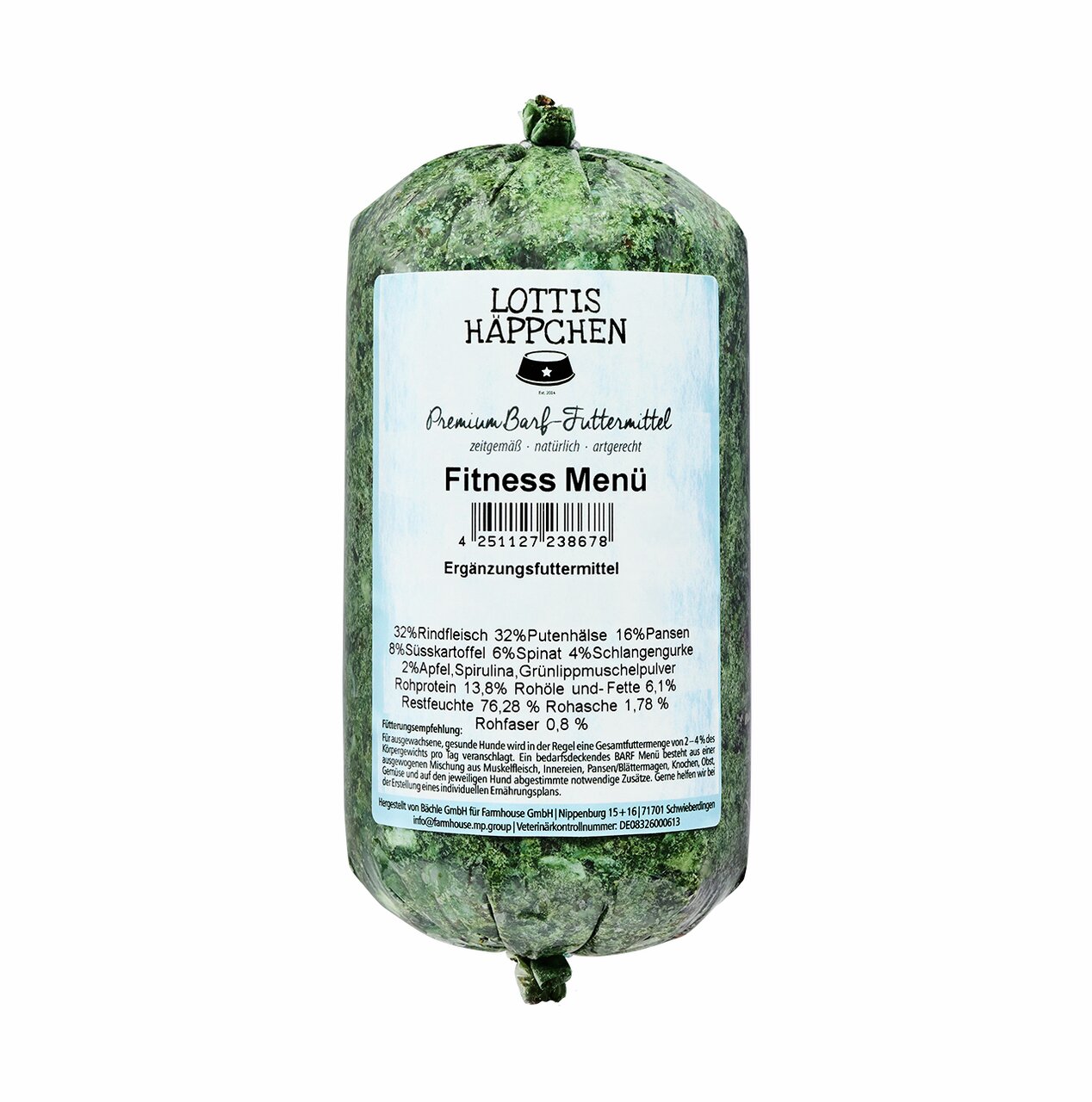 Lottis Häppchen Fitness Menü, BARF-Ergänzungsfutter für Hunde, Rind & Pute, mit Gemüse & Spirulina, 500 g.
