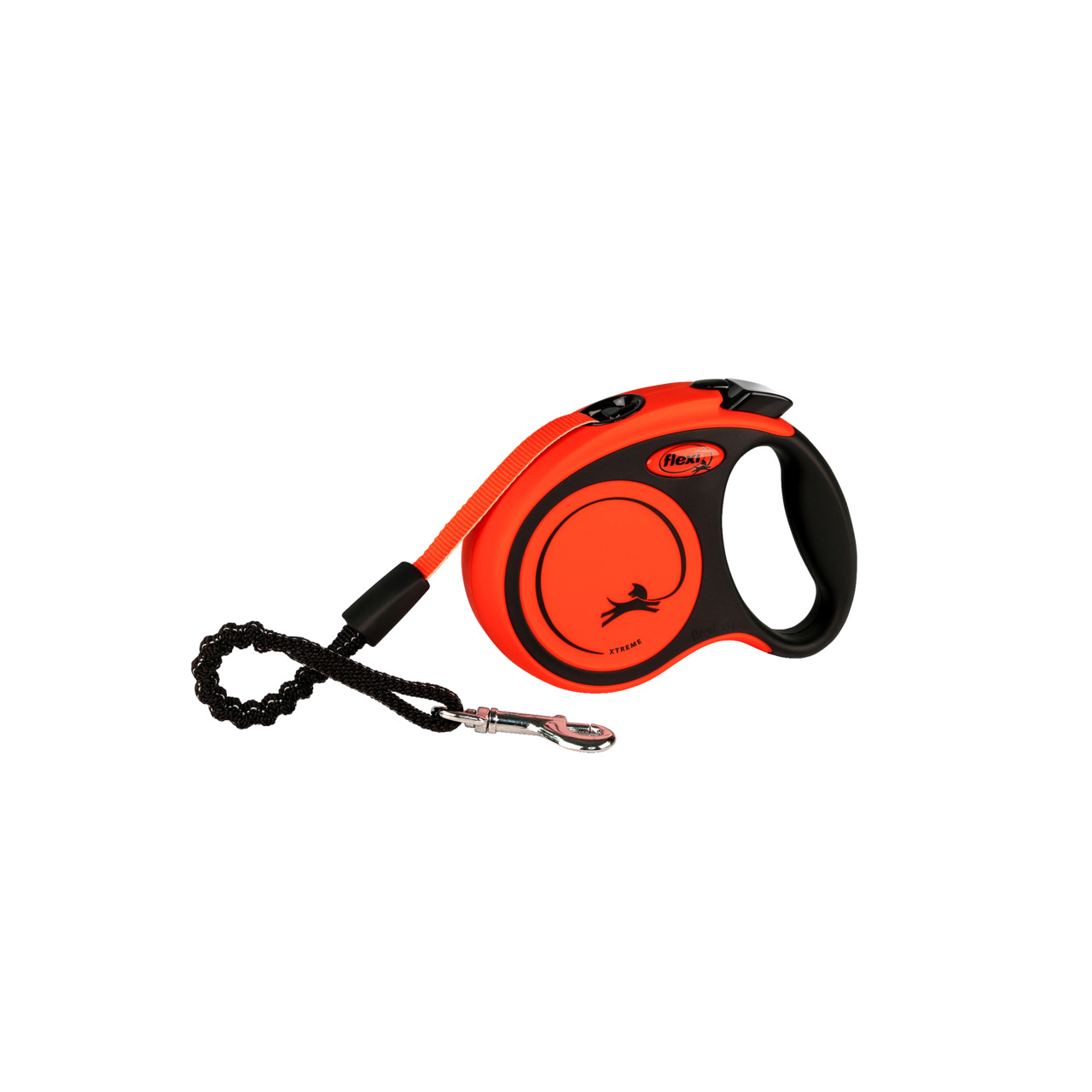 Das Bild zeigt eine Flexi Hundeleine in auffälligem Rot-Schwarz-Design, geeignet für Hunde. Die Leine ist eine Rollleine mit ergonomischem Griff und einem stabilen Metallkarabiner. Sie bietet eine sichere und komfortable Handhabung. Marke: Flexi. Produktn