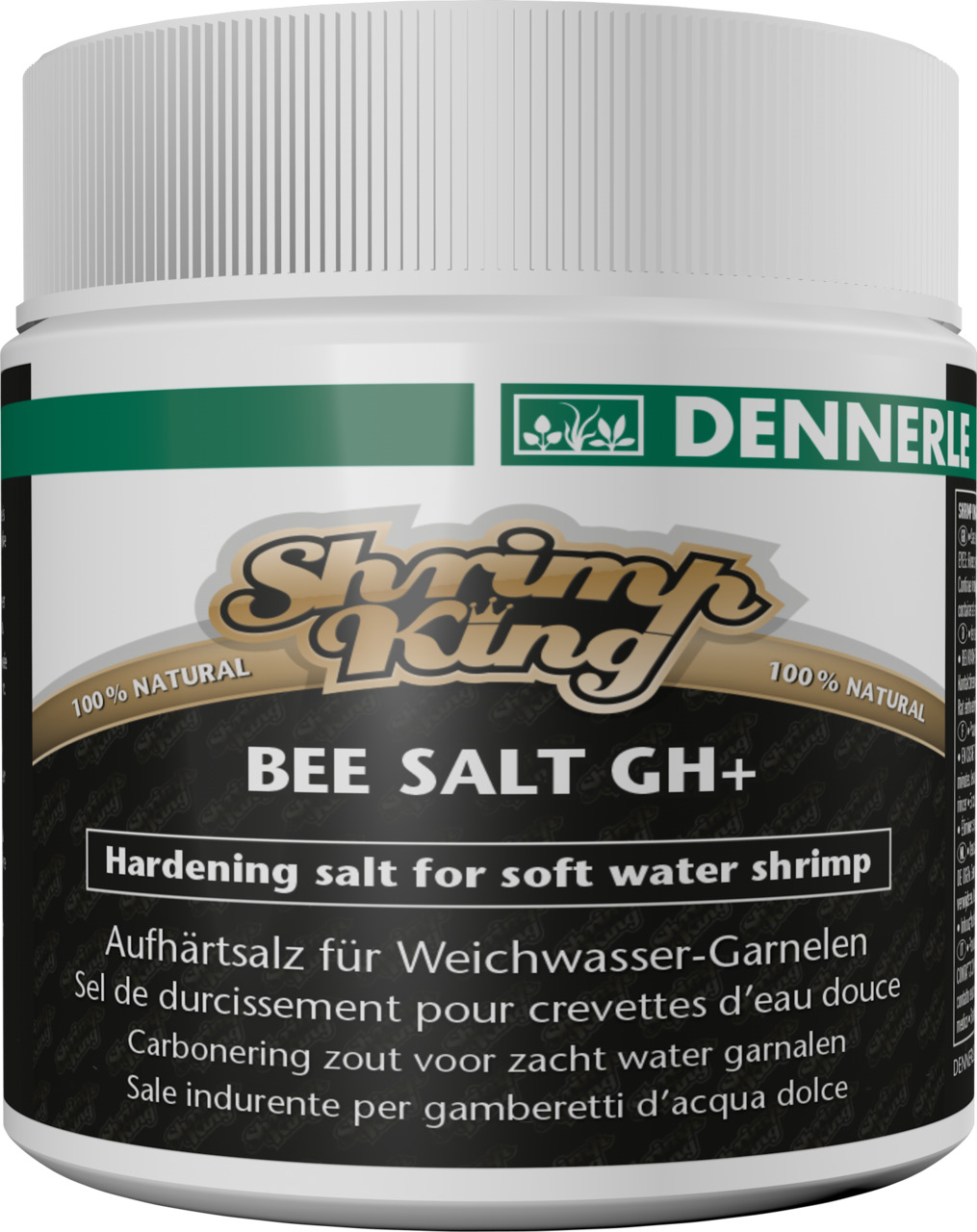 Dennerle Shrimp King Bee Salt GH+, für Weichwasser-Garnelen, 100 % natürlich, Aufhärtesalz, weiße Dose, grün-schwarzes Etikett.