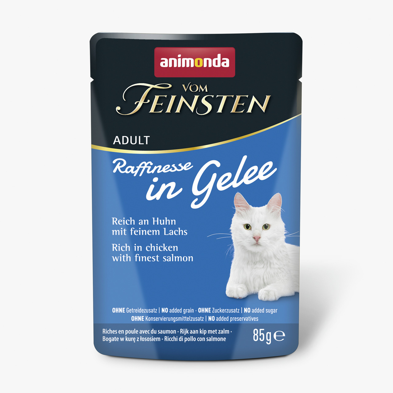 Animonda Vom Feinsten Adult, Katzenfutter, Huhn & Lachs, 85 g, getreidefrei, ohne Zucker & Konservierungsstoffe, für ausgewachsene Katzen.