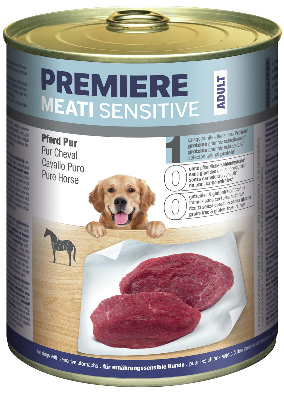 PREMIERE MEATI SENSITIVE Pferd Pur, Nassfutter f. erw. Hunde m. empfindl. Magen, Pferd, getreide-/glutenfrei, 400g.