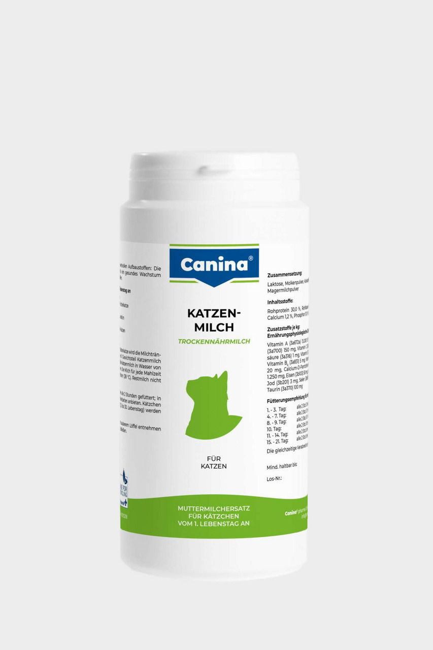 Canina Katzen-Milch, Trockenmilchersatz für Katzenwelpen ab 1. Lebenstag, 200 g, grünes Design mit Katzensilhouette.