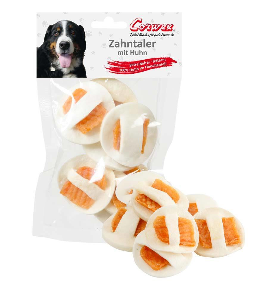 Corwex Zahntaler mit Huhn für Hunde, 100 % Huhn, fettarm, getreidefrei, mit weißem Kauknochen & orangem Hühnerfleisch.