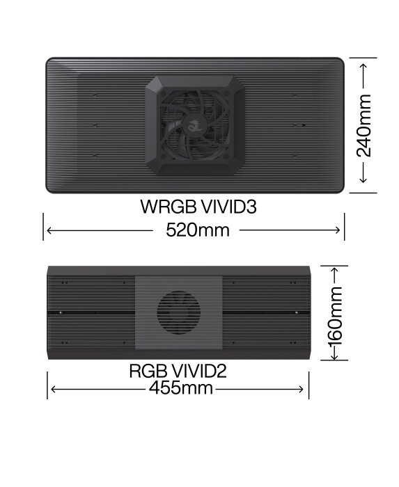 Chihiros WRGB VIVID 3 Aquariumleuchte im Größenvergleich zur RGB VIVID 2, Maße 520 x 240 mm gegenüber 455 x 160 mm.