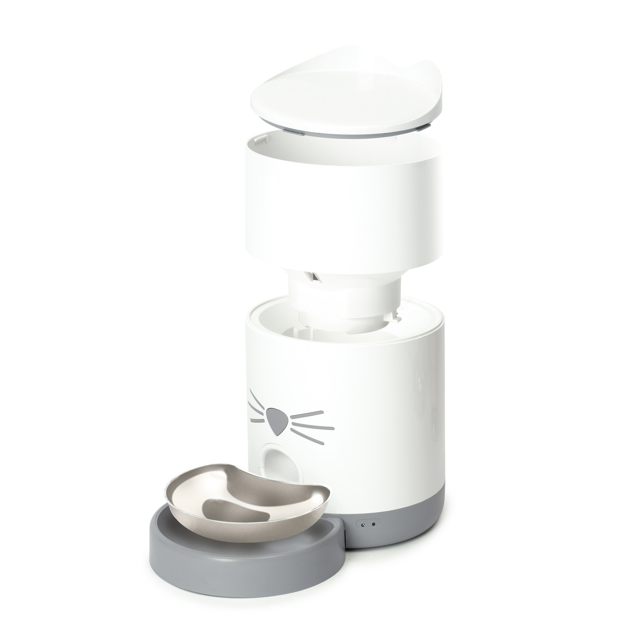 Catit PIXI Smart Futterautomat, weiß, für Katzen, stilvolles Design mit Katzengesicht, Edelstahlschale, präzise & hygienisch.