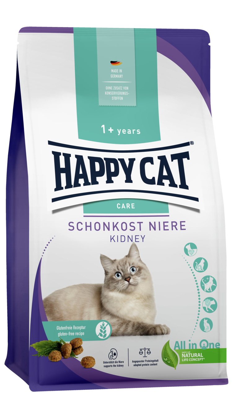 HAPPY CAT CARE Schonkost Niere Kidney, für Katzen ab 1 J., glutenfrei, unterstützt Nieren, 1,3 kg, beige Katze auf Verpackung.