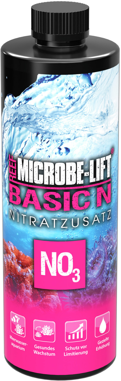 MICROBE-LIFT Basic N Nitratzusatz, für Meerwasseraquarien, fördert Korallenwachstum, 473 ml, gezielte Nitrat-Erhöhung.