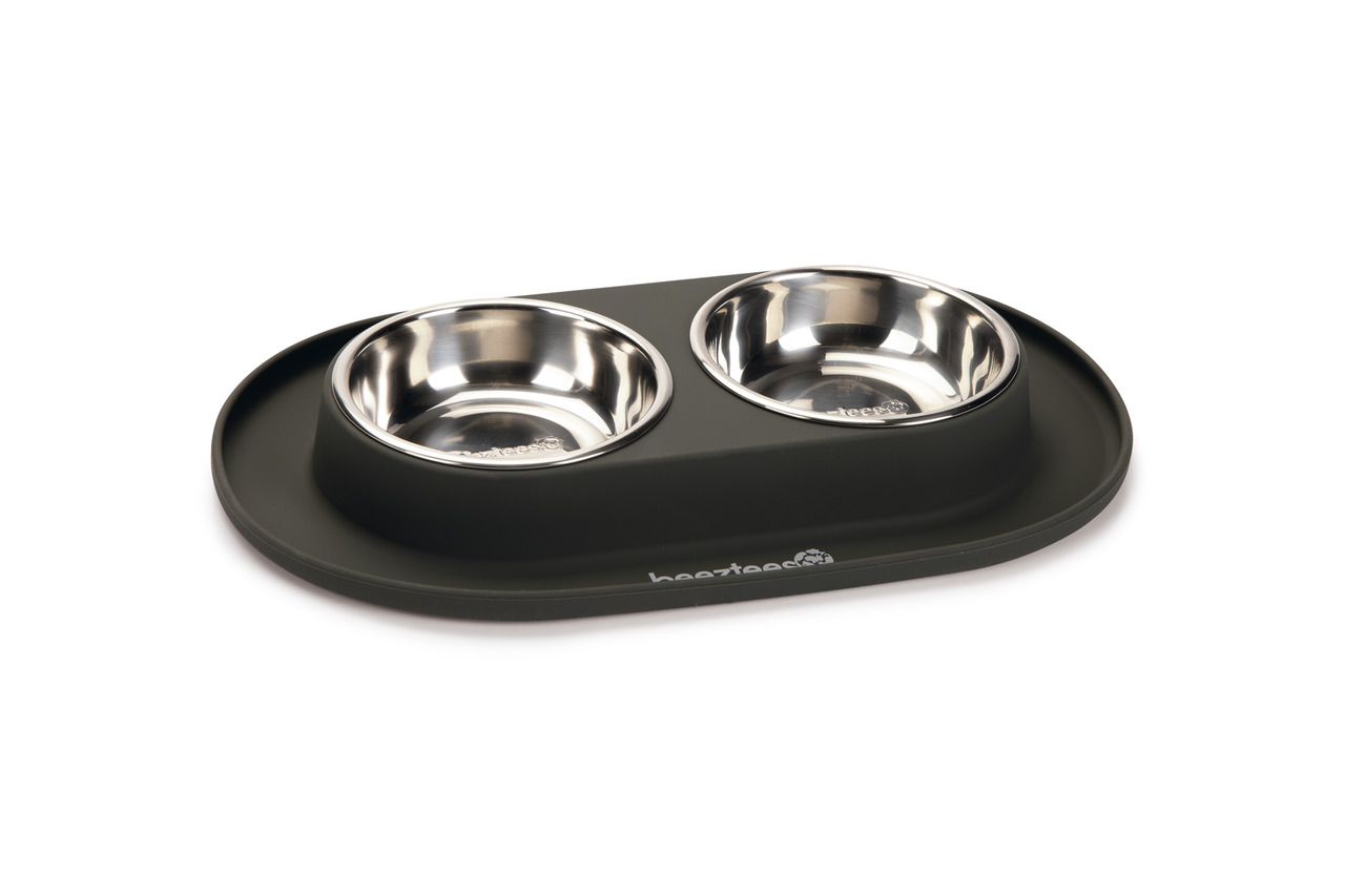 Beeztees Doppelnapf für Hunde-Katzen, 2 Edelstahlnäpfe in rutschfester Silikonunterlage, ideal für Futter & Wasser.