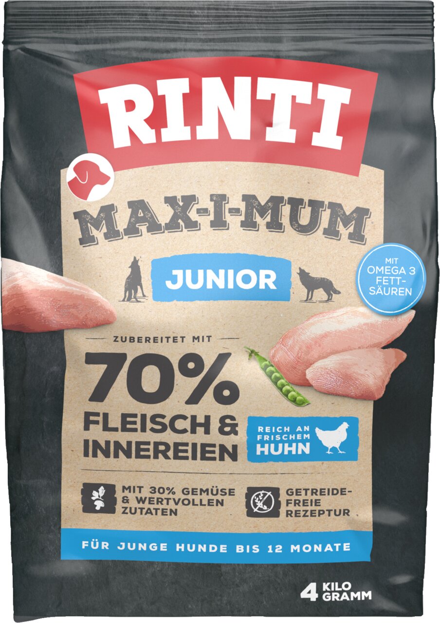 RINTI Max-i-Mum Junior Hundefutter für junge Hunde bis 12 Monate, Huhn, getreidefrei, 4 kg, mit 70% Fleisch & Innereien.
