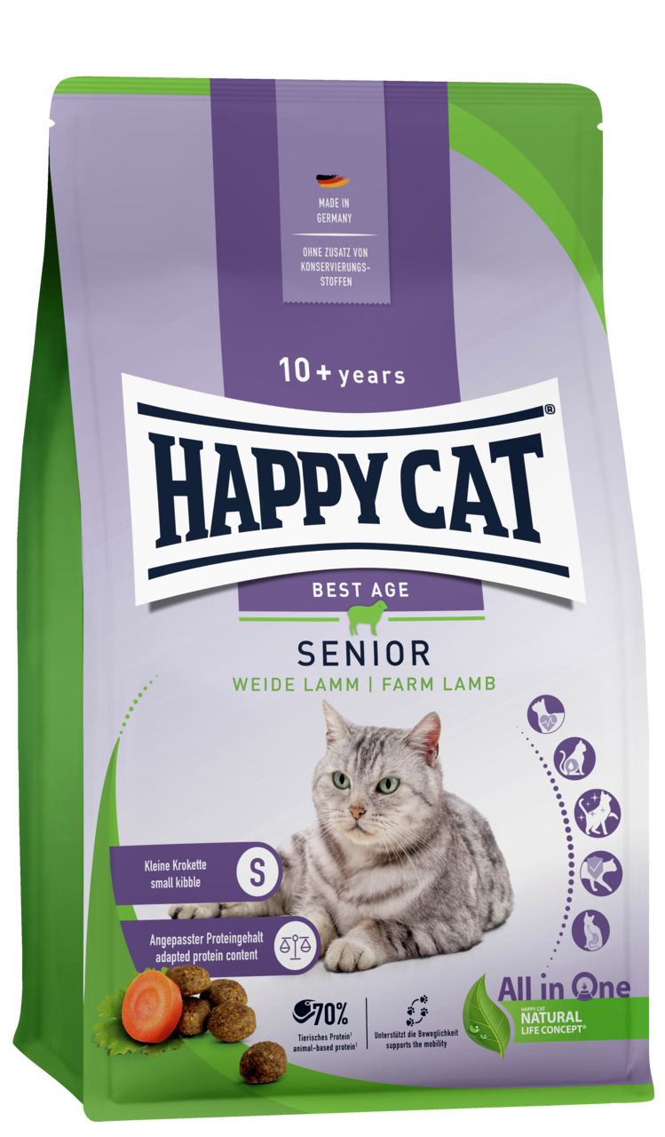 HAPPY CAT Best Age Senior, ältere Katzen ab 10 J., Weide Lamm, 70 % tierisches Protein, kleine Kroketten (Gr. S),  angepasst,  Made in DE.