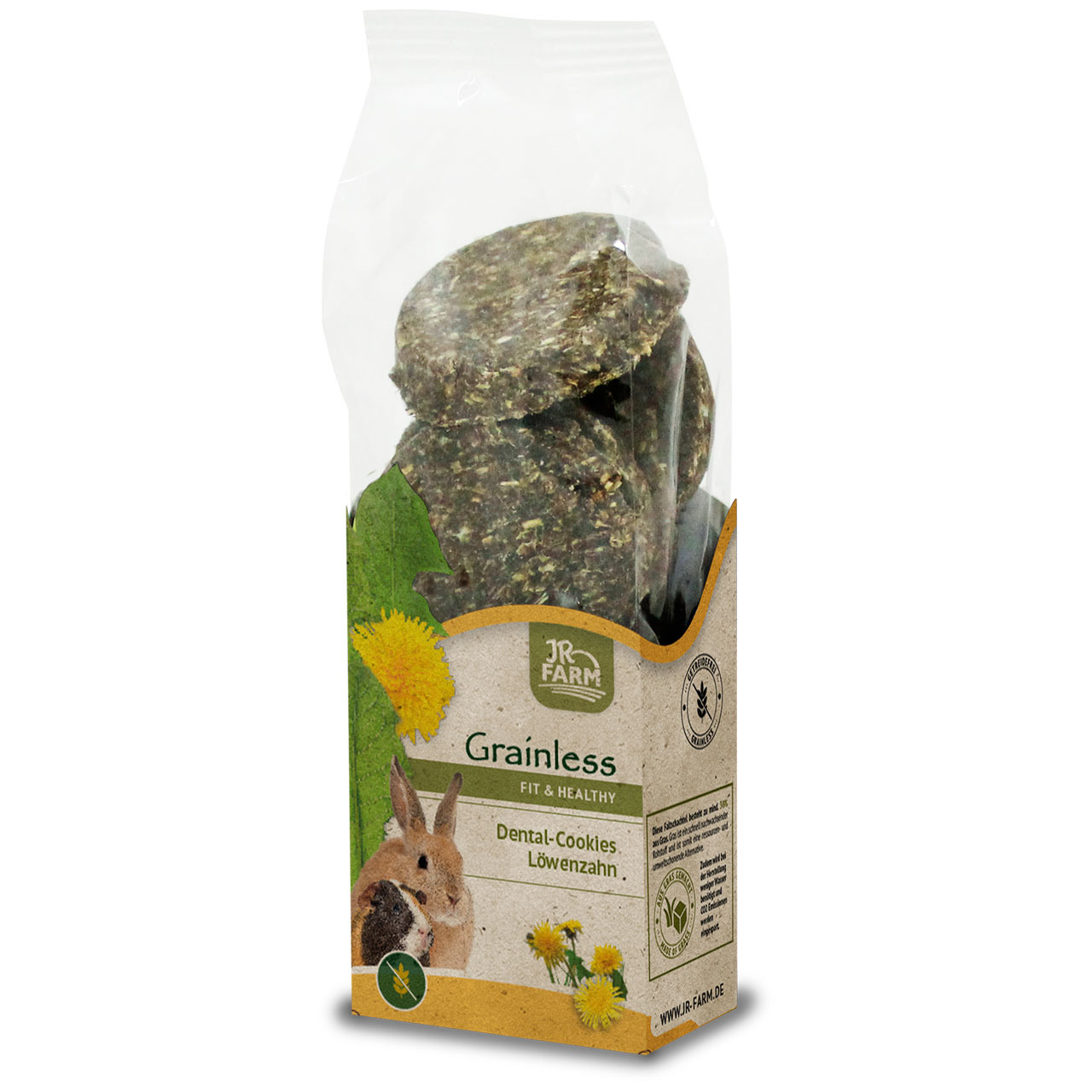 JR FARM Grainless Dental-Cookies, Löwenzahn, für Kaninchen-Nager, zahnfreundlich, 125g, grüne Kekse in durchsichtiger Verpackung.