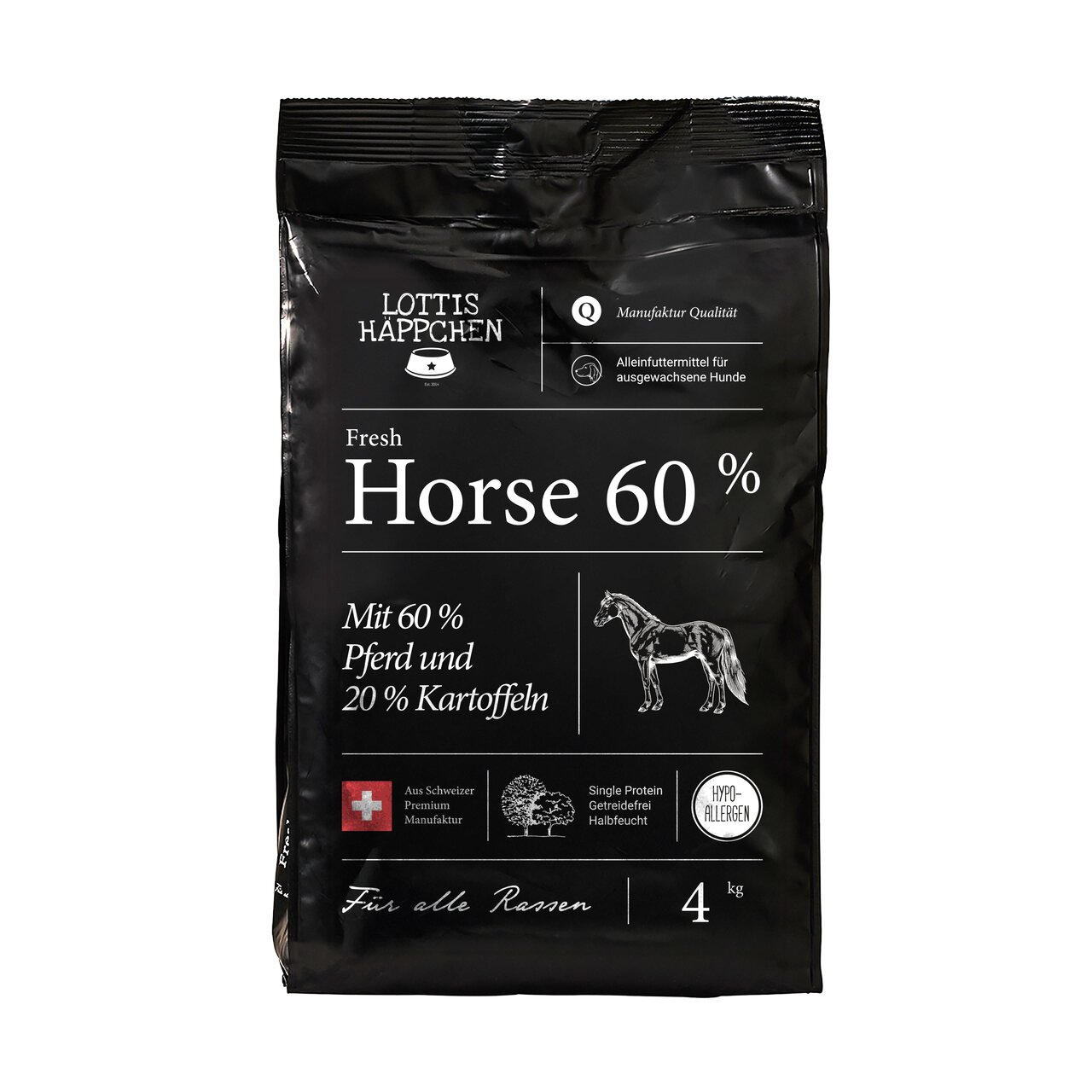 Lottis Häppchen Fresh Horse 60% für ausgewachsene Hunde, Geschmack Pferd, hypoallergen, Single Protein, 4 kg.